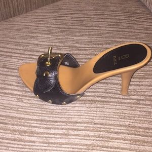 Tan and black bakers heels